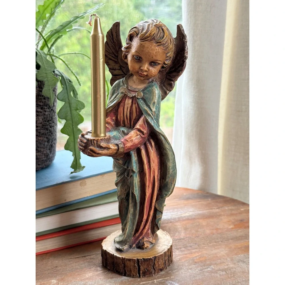 Vintage Hand Painted Angel Figurine Taper Candle Holder Rustic Wood Look Cherub